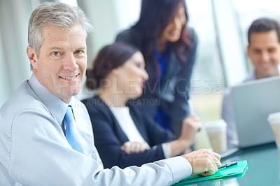 Buy stock photo Business, mature man and smile at boardroom on portrait with confidence for company growth as accountant. Male person, happy and proud as entrepreneur in meeting for strategy, planning and project