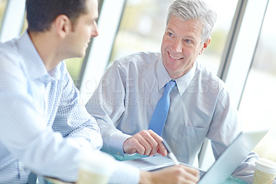 Buy stock photo Business, men and happy at office with laptop on teamwork or collaboration as accountants. Boardroom, employees and strategy for report or feedback on company financial statement and planning