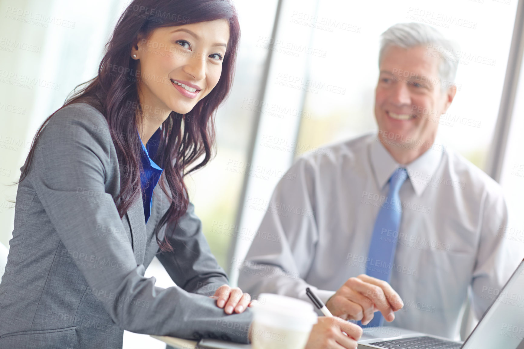 Buy stock photo Portrait, legal consultant and lawyer in meeting on laptop at office for communication, networking or email. Woman, man and technology in discussion for business, company or workplace in law firm