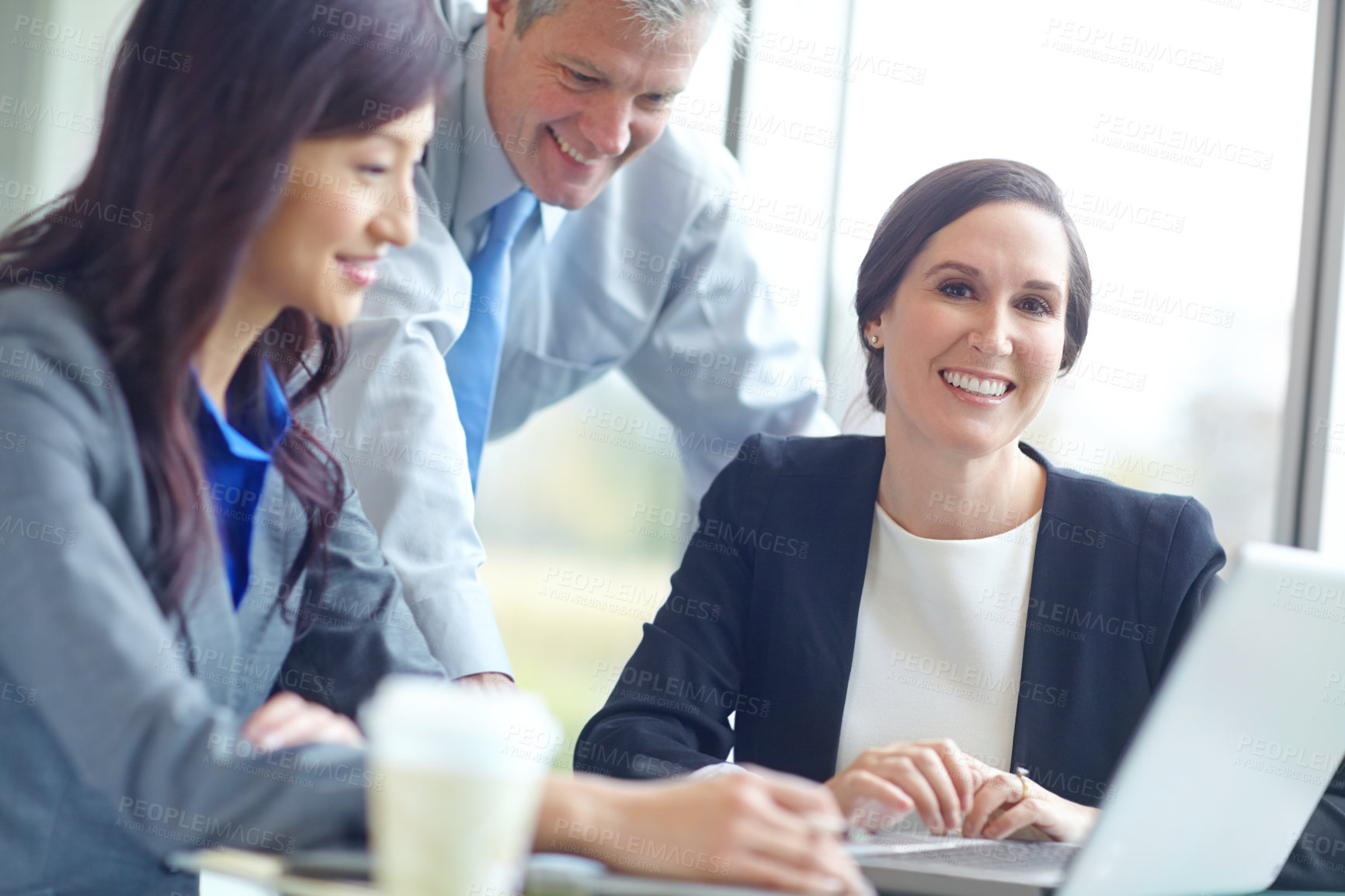 Buy stock photo Portrait, legal consultant and woman with laptop at office for communication, networking or digital for connection. Business people, technology and discussion as team, company or law firm research