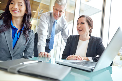 Buy stock photo Women, man and portrait with laptop for meeting, company and consulting as legal representative team. Business people, lawyer and tech at office for communication, networking or digital in connection