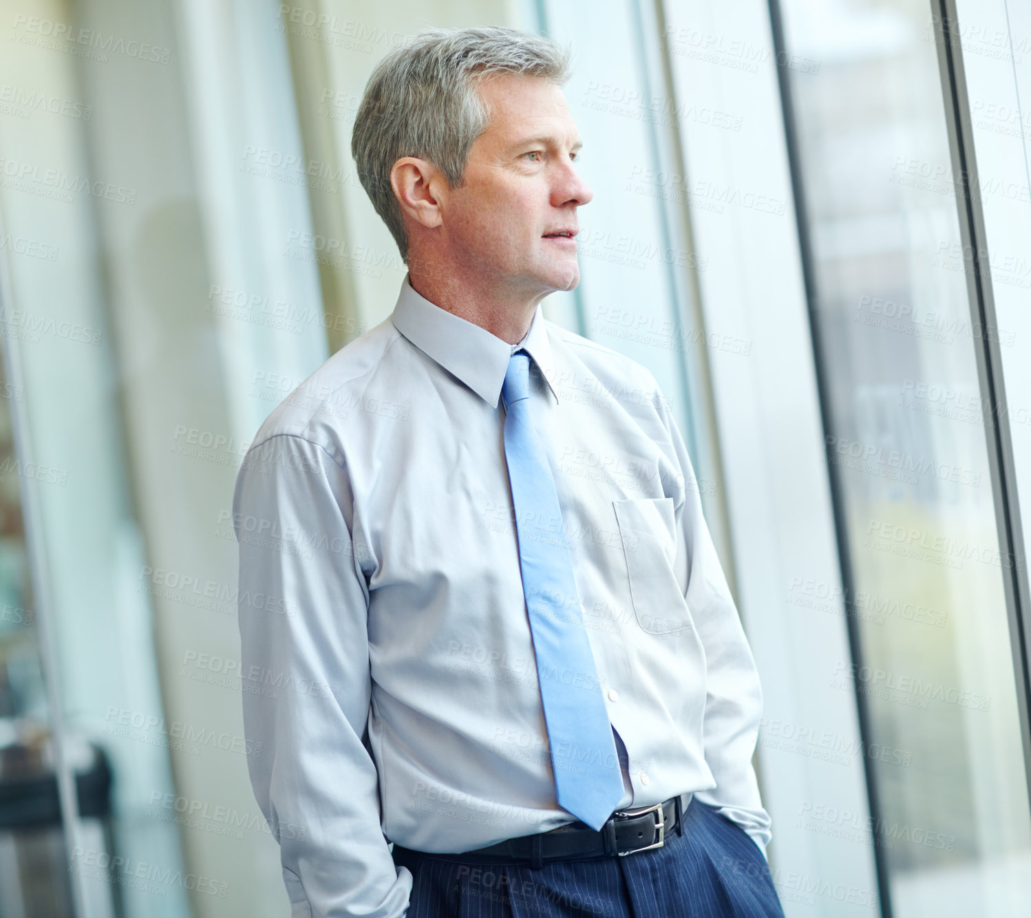 Buy stock photo Mature businessman, thinking and idea in office for company decision, growth mindset and inspiration. Male employee, corporate boss and contemplating by window for work mission, planning and solution