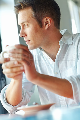 Buy stock photo Thinking, business and man with coffee at cafe for career decision, reflection and planning morning. Contemplation, male person and beverage with ideas of startup, hospitality service and opportunity