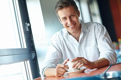 Buy stock photo Portrait, smile and man with coffee, cafe and hot beverage for break, morning and happiness in store. Weekend, joy and person with tea cup to relax, peace and customer with drink in restaurant or USA