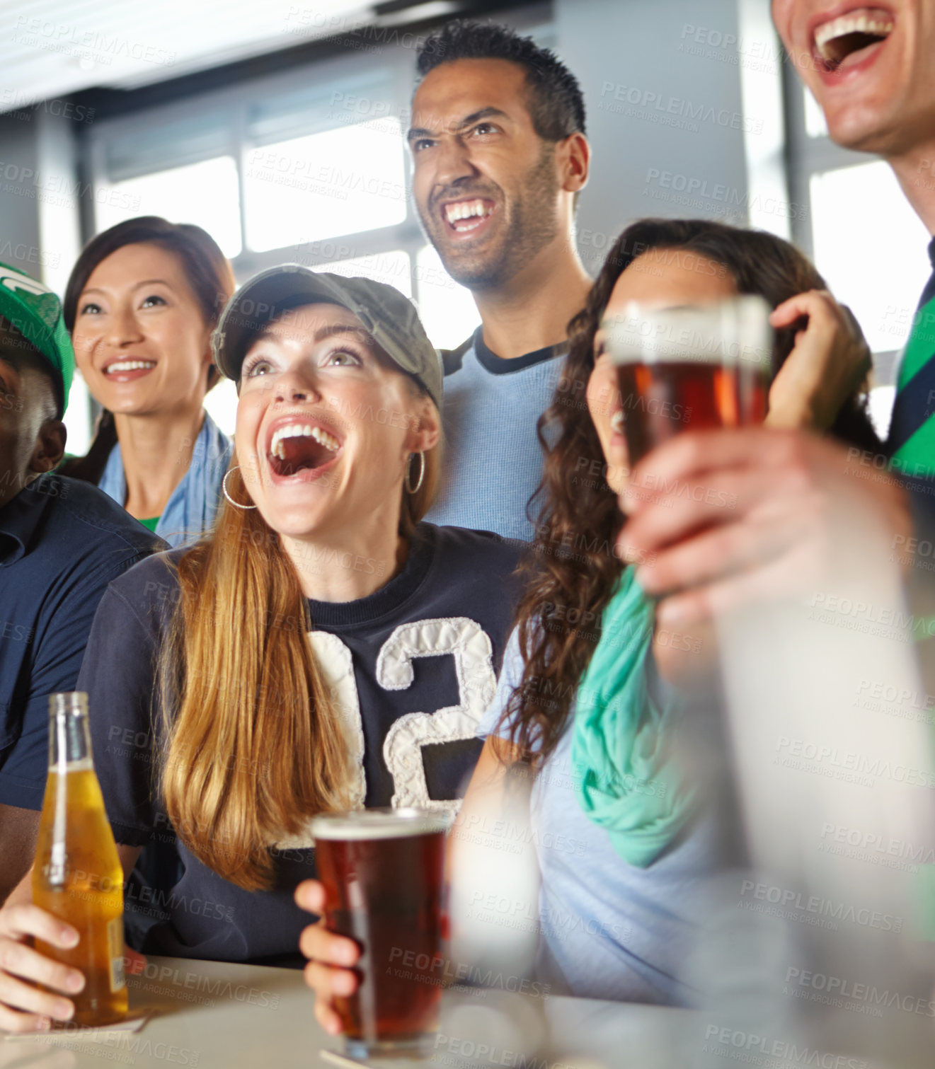 Buy stock photo Pub, soccer and group of friends with beer watching sports match with happiness for winning goal. Supporters, alcohol and fans streaming broadcast television of football game for league in bar.