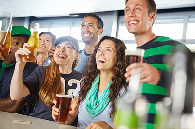 Buy stock photo Pub, soccer and group of people with beer watching sports match with happiness for winning goal. Supporters, alcohol and friends streaming broadcast television of football game for league in bar.