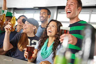 Buy stock photo Pub, football and group of people with beer watching sports match with happiness for winning goal. Supporters, alcohol and friends streaming broadcast television of soccer game for league in bar.