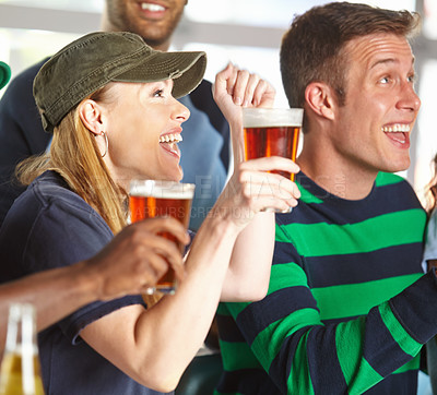 Buy stock photo Cheers, beer and friends in pub with sports game, goal and celebration for support together. Excited, happy hour and group of people with alcohol, drink and broadcast television for team match in bar