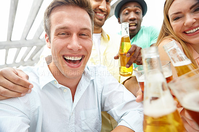 Buy stock photo Beer, happy or friends in party for celebration, break or social gathering at outdoor pub. Holiday vacation, toast or group of people laughing in restaurant or bar for memory or bonding with smile