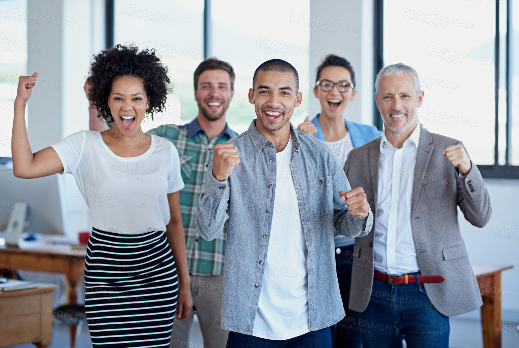 Buy stock photo Group, business people or celebrate with fist pump in office for win, collaboration or success with smile. Team, portrait or achievement with inclusion or support in company, staff with hands for yes