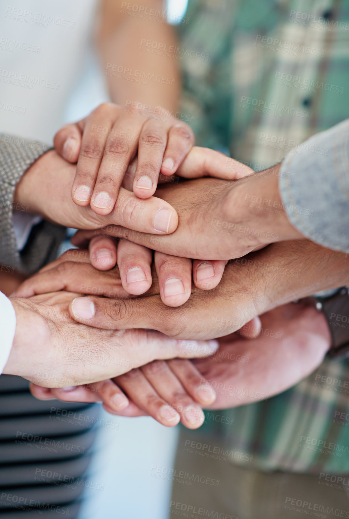 Buy stock photo Teamwork, group or hands in stack with support or collaboration, diversity in workplace community. Business people, together or motivation with solidarity at company for commitment, huddle for target