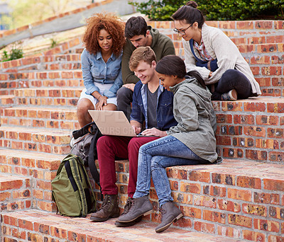 Buy stock photo Computer, studying and group of people outdoor for university learning, teamwork and collaboration on stairs. Happy diversity students, youth or friends on college campus, laptop and online education
