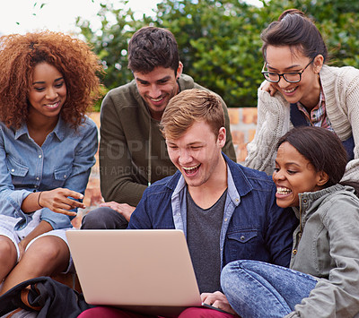 Buy stock photo Laptop, university students or excited people with wow for news, results or college results for online application. Happy diversity, youth or friends on school campus with computer for education