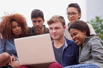 Buy stock photo Group of students, campus and laptop with diversity or International e learning, collaboration or research. Teamwork, studying and people at university and together for diploma, internet or online