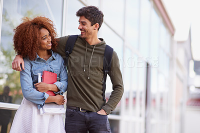 Buy stock photo Couple, students and people hug on campus, trust and support in relationship with affection. Young, love and care with respect and happiness, bonding for friendship and loyalty outdoor at university