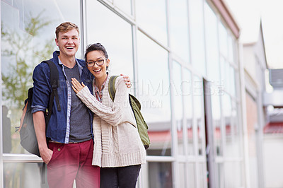 Buy stock photo Portrait, hug and university with couple, campus and smile with education and students with sunshine. Funny, face and man with woman or embrace with college and knowledge with studying, happy or love