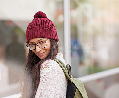 Buy stock photo Girl, student and smile with backpack at university or campus for education, teaching and learning. Portrait, teen and happy with glasses at college with break from school work, study and revision