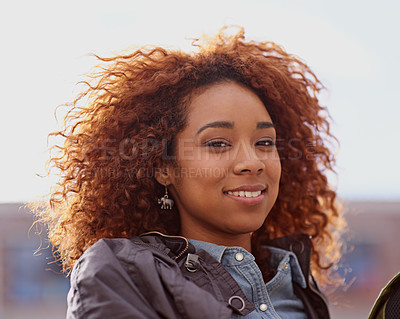 Buy stock photo Black girl, student and smile at university or campus for education, teaching and learning. Portrait, woman and happy at college for knowledge with break from school work, study and confident