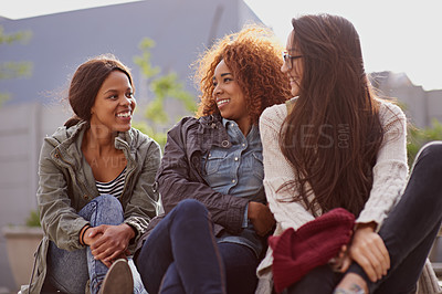 Buy stock photo Friends, female student and campus on class, break and relax for fun at university. Happy, outside and diversity at school and education for women learners, smile and academics or learning at college