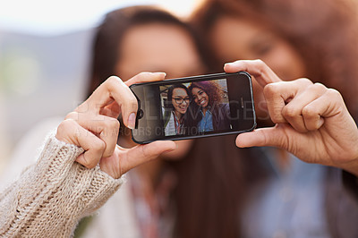 Buy stock photo Girl, friends and smile for selfie as college student on campus for education, fun and memories. Women, university and gen z with smartphone for social media post on profile or account and happy