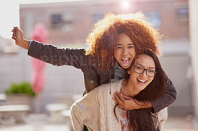 Buy stock photo Friends, women and piggyback with energy outdoor, playful and fun for bonding, happiness and excited together. Cheers, love and support, portrait and freedom with trust in friendship for adventure