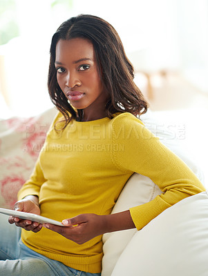 Buy stock photo Black girl, portrait and relax with tablet on sofa for checking credit score, rating and history for improvement. Woman, couch and home with internet for loan application, debt management and report.