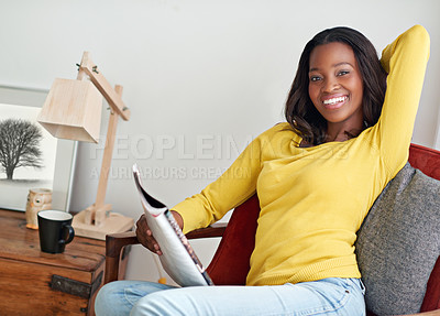 Buy stock photo Happy portrait, black woman and reading magazine for information, publication and weekend peace in home. African lady, smile and newsletter in lounge for celebrity gossip, recipe ideas and alone time