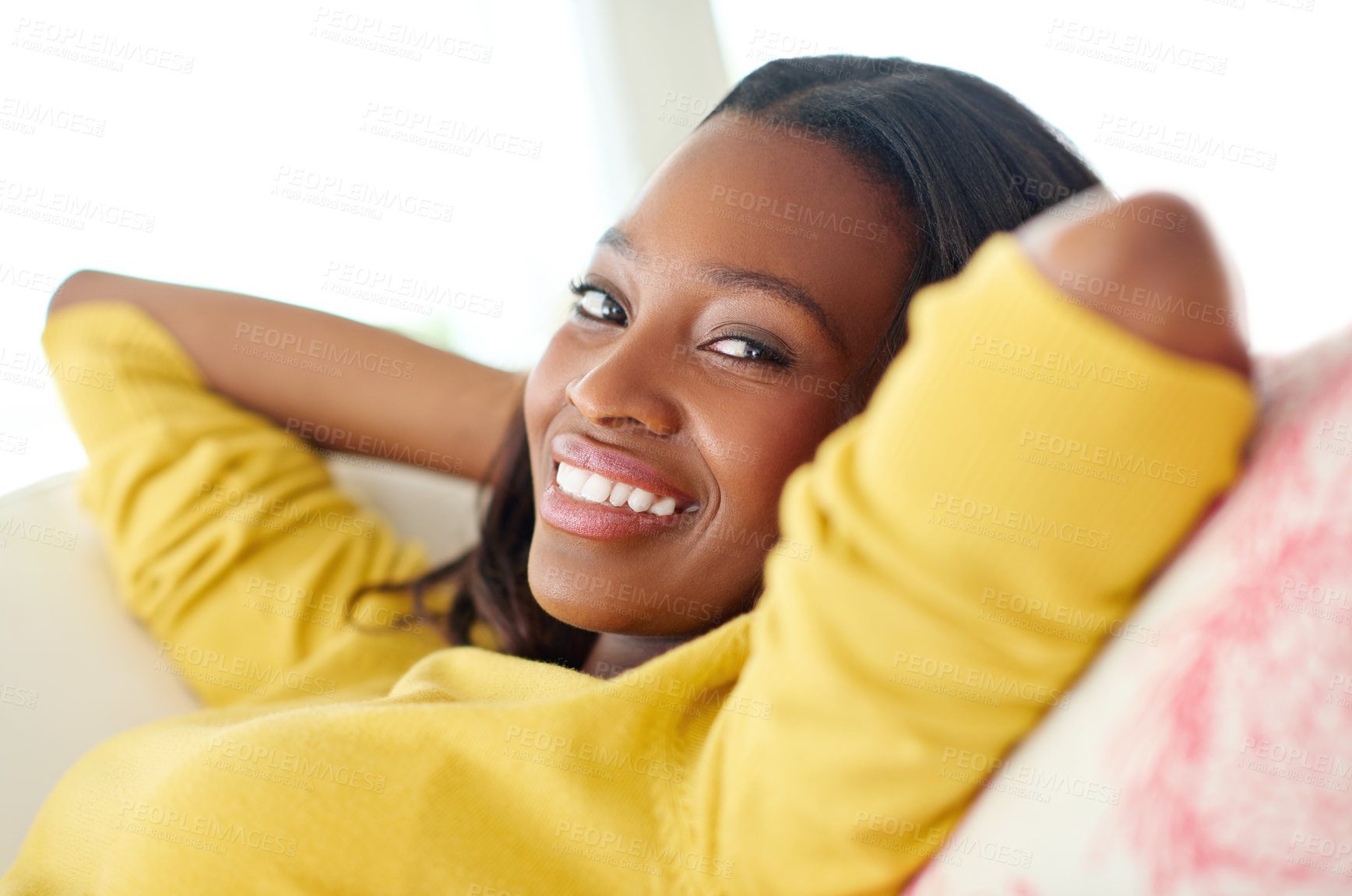 Buy stock photo Happy portrait, black woman and relax on couch for calm weekend, leisure and alone time in home. African female person, smile and rest on sofa for break with wellness, peace and content in lounge