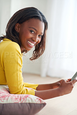 Buy stock photo Phone, smile and portrait of black woman relaxing in home with good news email for mortgage approval. Happy, cellphone and African female person online for credit application in living room at house.