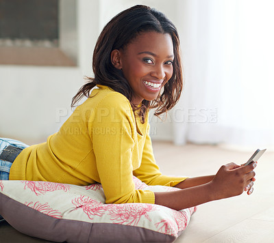 Buy stock photo Cellphone, floor and black woman for portrait in home, online and social media and scrolling on website. Technology, calm and ground for internet and news report, female person and mobile app games