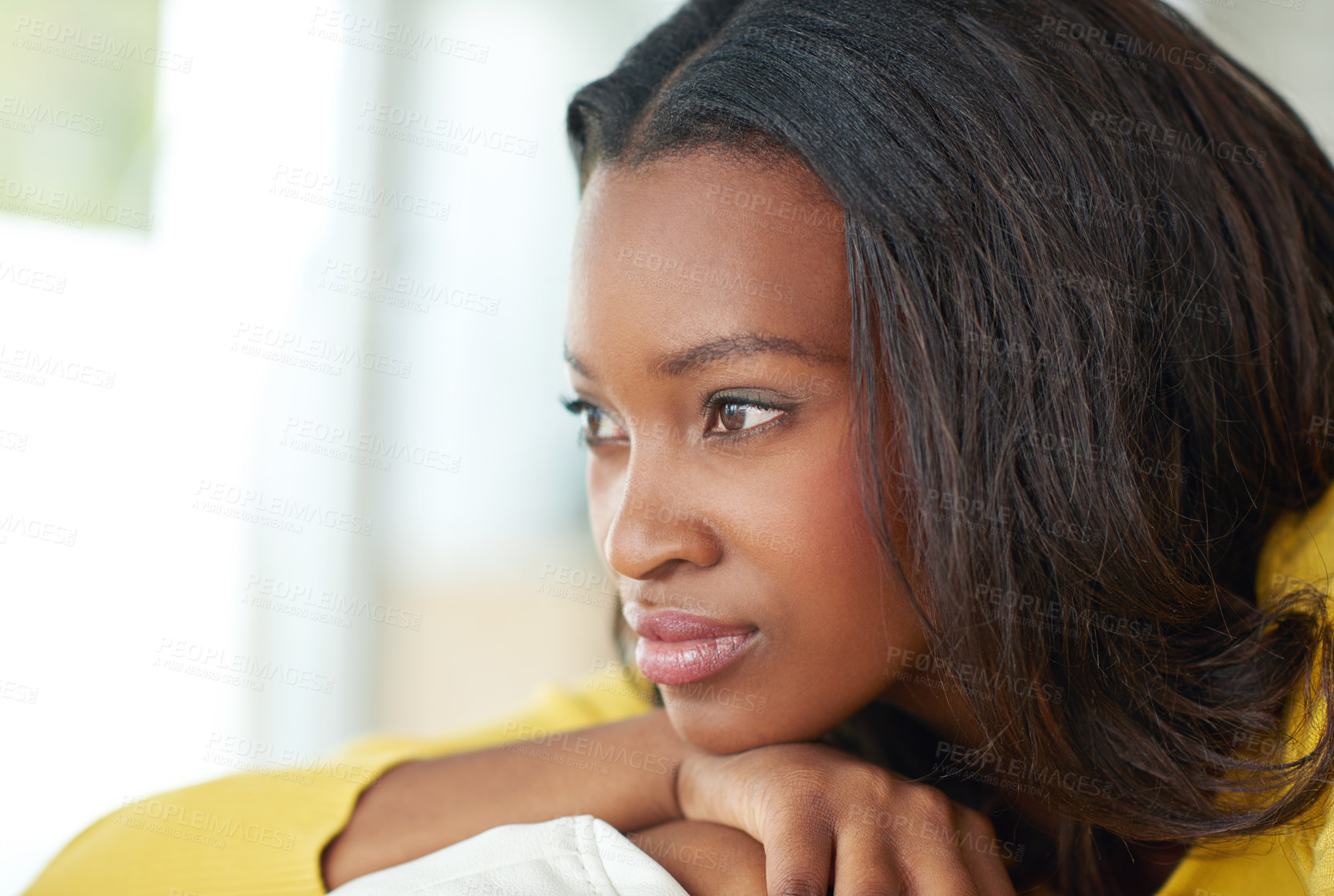 Buy stock photo Black woman, house and relax with thinking or idea for career target, thought for future or professor job. Female teacher, home and planning with contemplation for dream profession or personal goal