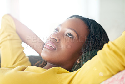 Buy stock photo Black woman, thinking and vision or idea in home for relax, sunlight and calm on weekend. Goals, inspiration and planning for the future for female person on couch, house and mindset in living room