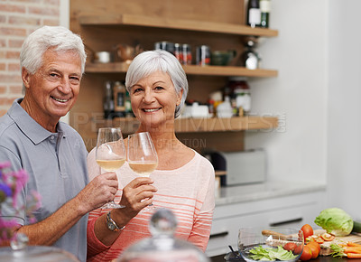 Buy stock photo Senior couple, portrait and toast in kitchen with wine for retirement, celebration and love in apartment. Old man, woman and vacation for happiness, commitment and wellness in house for holiday.
