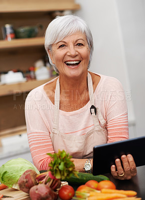 Buy stock photo Retired lady, tablet and vegetables for cooking wholesome, healthy and nutritional food at home. Senior woman, ingredients and digital device for researching diet, recipes and delicious vegan meals