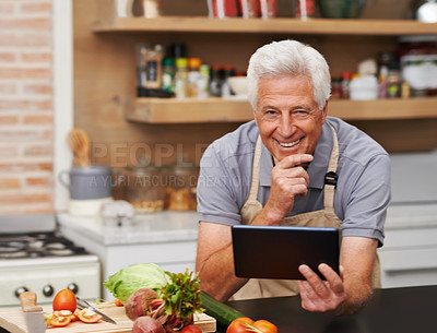 Buy stock photo Senior man, portrait and tablet in kitchen for streaming, healthy and digital nutrition for diet. Retirement, social media and online for retirement, connection and ebook in house for meal prep. 