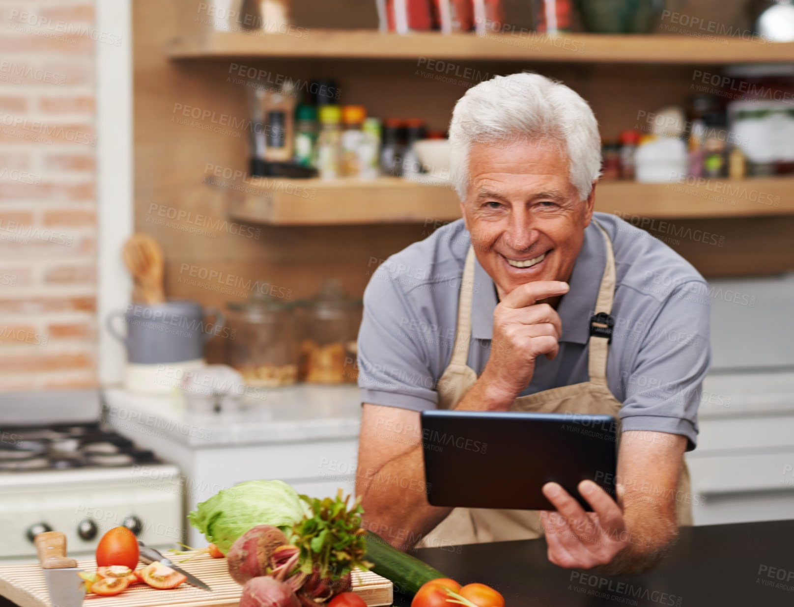 Buy stock photo Senior man, portrait and tablet in kitchen for streaming, healthy and digital nutrition for diet. Retirement, social media and online for retirement, connection and ebook in house for meal prep. 