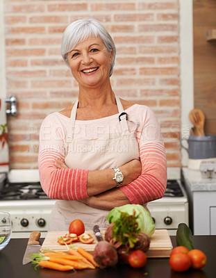 Buy stock photo Senior woman or arms with knife in kitchen or confident, tomato or carrots for diet. Female chef in portrait with healthy vegetables for nutrition, peeling green lettuce with onion in retirement home
