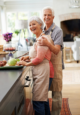 Buy stock photo Cooking, food and portrait of old couple in kitchen for salad, love and nutrition. Happy, smile and retirement with senior man and woman cutting vegetables at home for health, dinner and recipe
