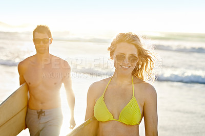 Buy stock photo Surfboard, portrait or couple at sea walking for adventure, anniversary or sports exercise in Miami, USA. Happy, surfers or people ready for surfing on holiday vacation at beach or ocean in summer