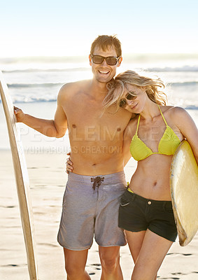 Buy stock photo Surfboard, portrait or couple hug at sea for adventure, anniversary or sports exercise in Miami, Florida. Happy, surfers or people ready for surfing on holiday vacation at beach or ocean in summer