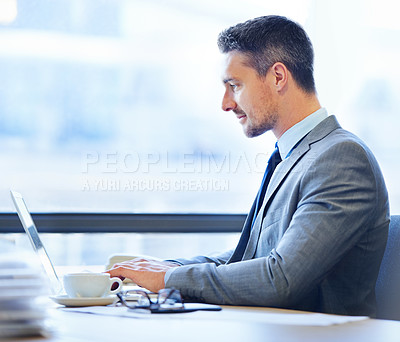 Buy stock photo Profile, businessman and laptop at desk with coffee in office for e-commerce, internet and web development. Corporate, man and startup company in workplace for connectivity, career and legal expert.