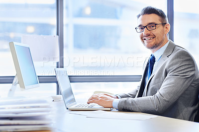 Buy stock photo Face, businessman and laptop in workplace for corporate company with email, documents and advice. Tech, executive and portrait of male lawyer in office with suit, web and expertise for legal client
