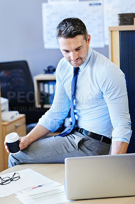Buy stock photo Businessman, laptop and coffee in office for work with technology. Male analyst and crypto at workplace for trade on computer, fintech analysis or financials with profits on market for company or job