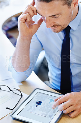 Buy stock photo Businessman, tablet and paperwork on desk for digital info, review online report or view email. Public relations or corporate manager with hand on screen to read app, article search or website 