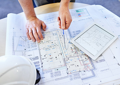 Buy stock photo Project, architect and planning with tablet, design and vision for building and development. Interior, designer and professional in engineering, management and career in office, workplace or job