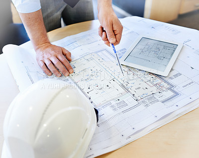 Buy stock photo Project, architect and planning with tablet, design and hardhat for growth and development. Designer, professional and employee in engineering, management and career in office, workplace or job
