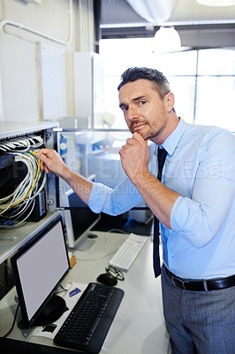 Buy stock photo Portrait, man or technician thinking of office cables for computer glitch, backup or hardware cords. Ideas, programmer or engineer fixing wires for information technology, engineering or IT support
