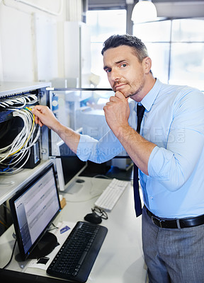 Buy stock photo Portrait, man or technician thinking of hardware cables for computer glitch, backup or office cords. Ideas, programmer or engineer fixing wires for information technology, engineering or IT support