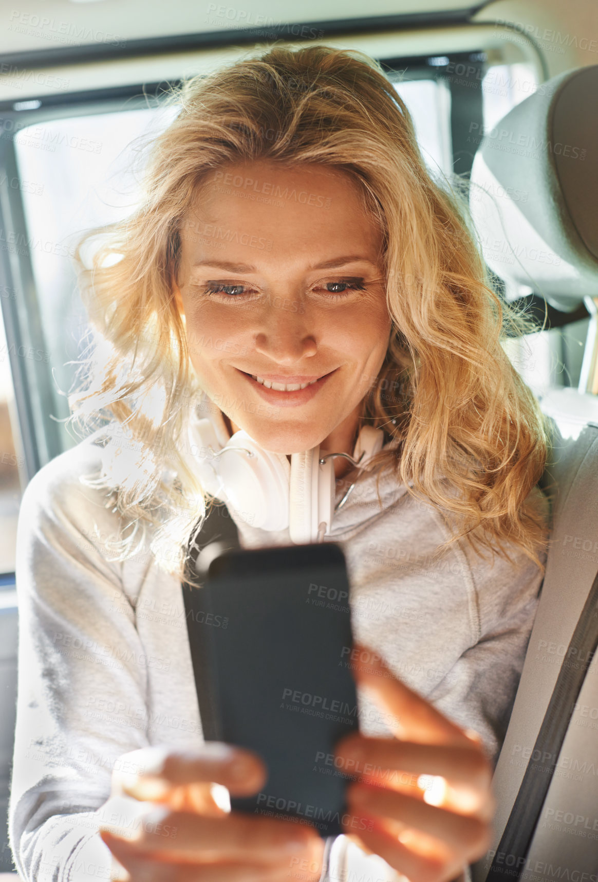 Buy stock photo Woman, selfie and phone in car, smile and road trip for memories, social media and post. Excited, technology and travel or internet, picture and livestream for communication, happy and mobile app