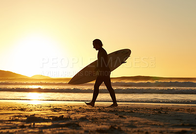 Buy stock photo Surfboard, man or surfer at sea or sunset for fitness training, workout or sports exercise in Hawaii. Healthy, peace or athlete walking to start surfing on holiday vacation at beach, ocean or nature 